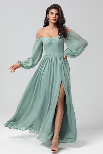 Matcha A Line Off the Shoulder Chiffon Bridesmaid Dress with Slit